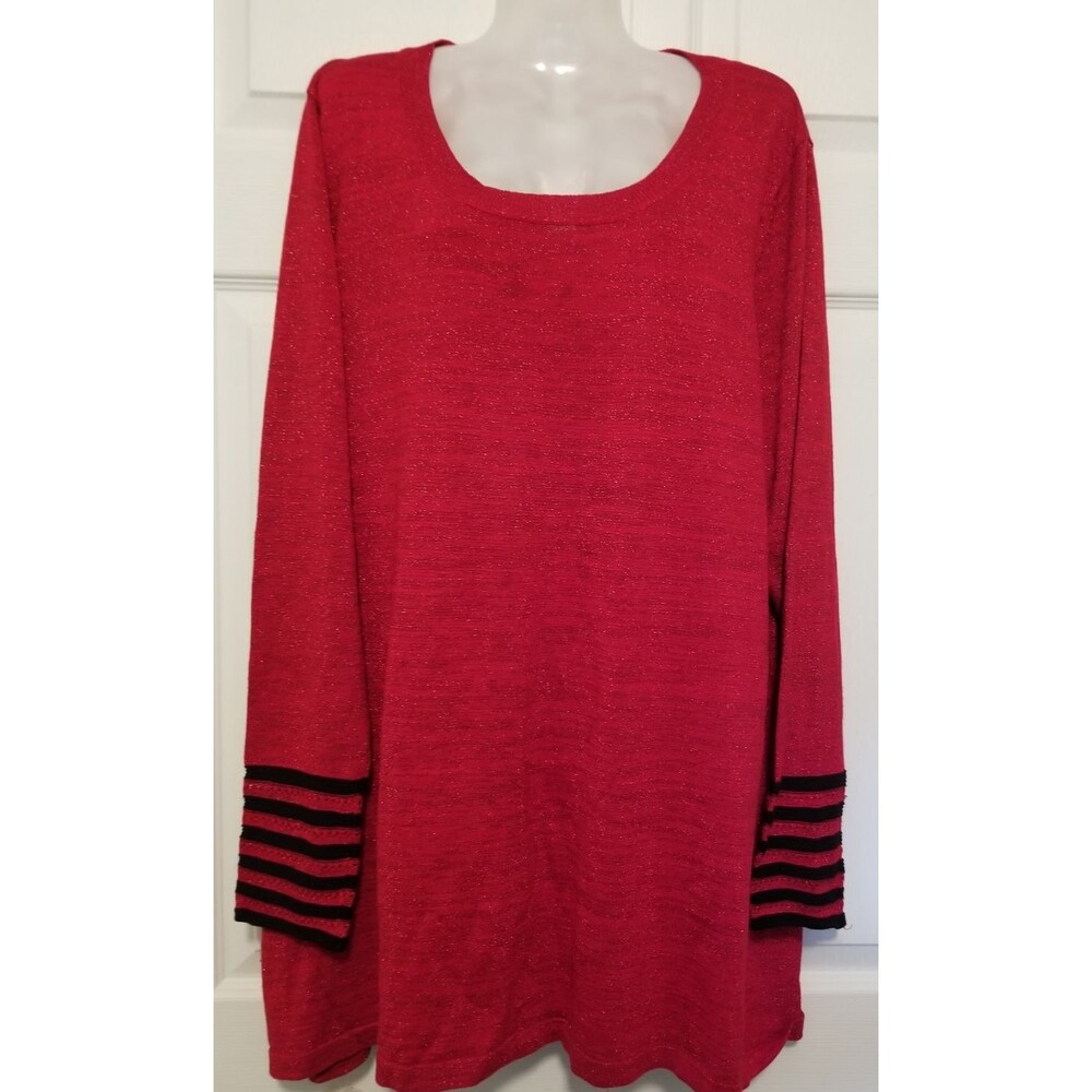 Pina Rossi Knit Sweater Red Metallic Long Sleeve Stripe Sleeve Size 3X